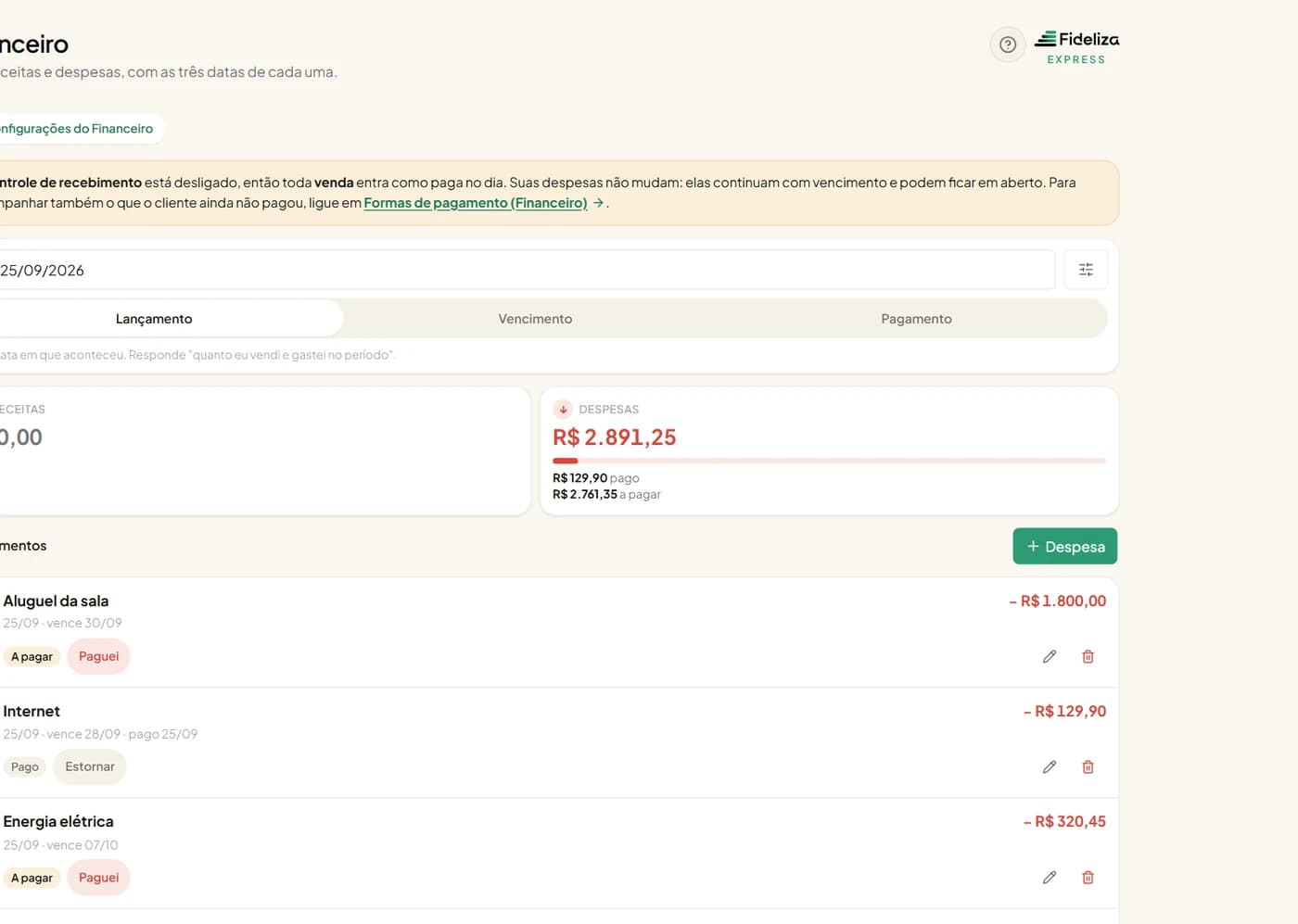 Tela do financeiro do Fideliza Express